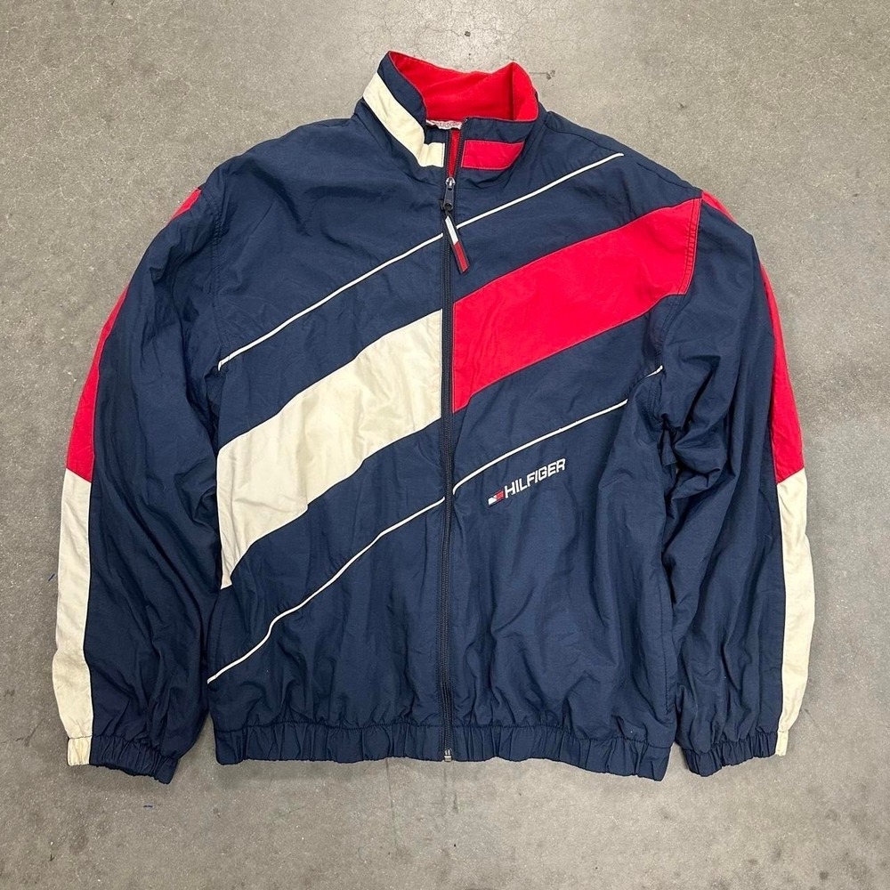 *SOLD* VTG 90s Tommy Hilfiger red white blue color-block zipup mesh Size Md